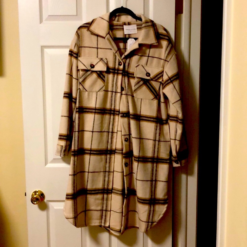NEW Womens Duster Shacket plaid sz L boutique Panache Apparel
